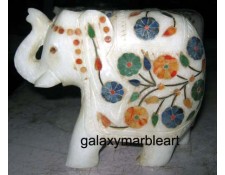 Marble inlay elephant with Taj Mahal Art  ht 5" e-506